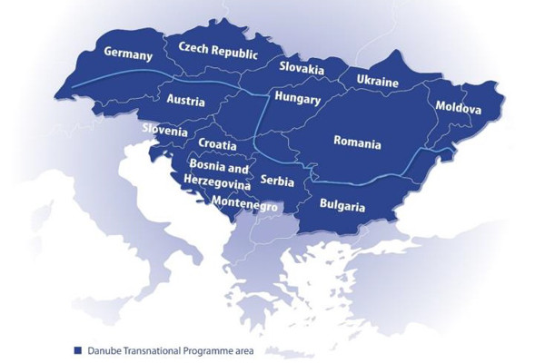Blaue Landkarte des Donauraums